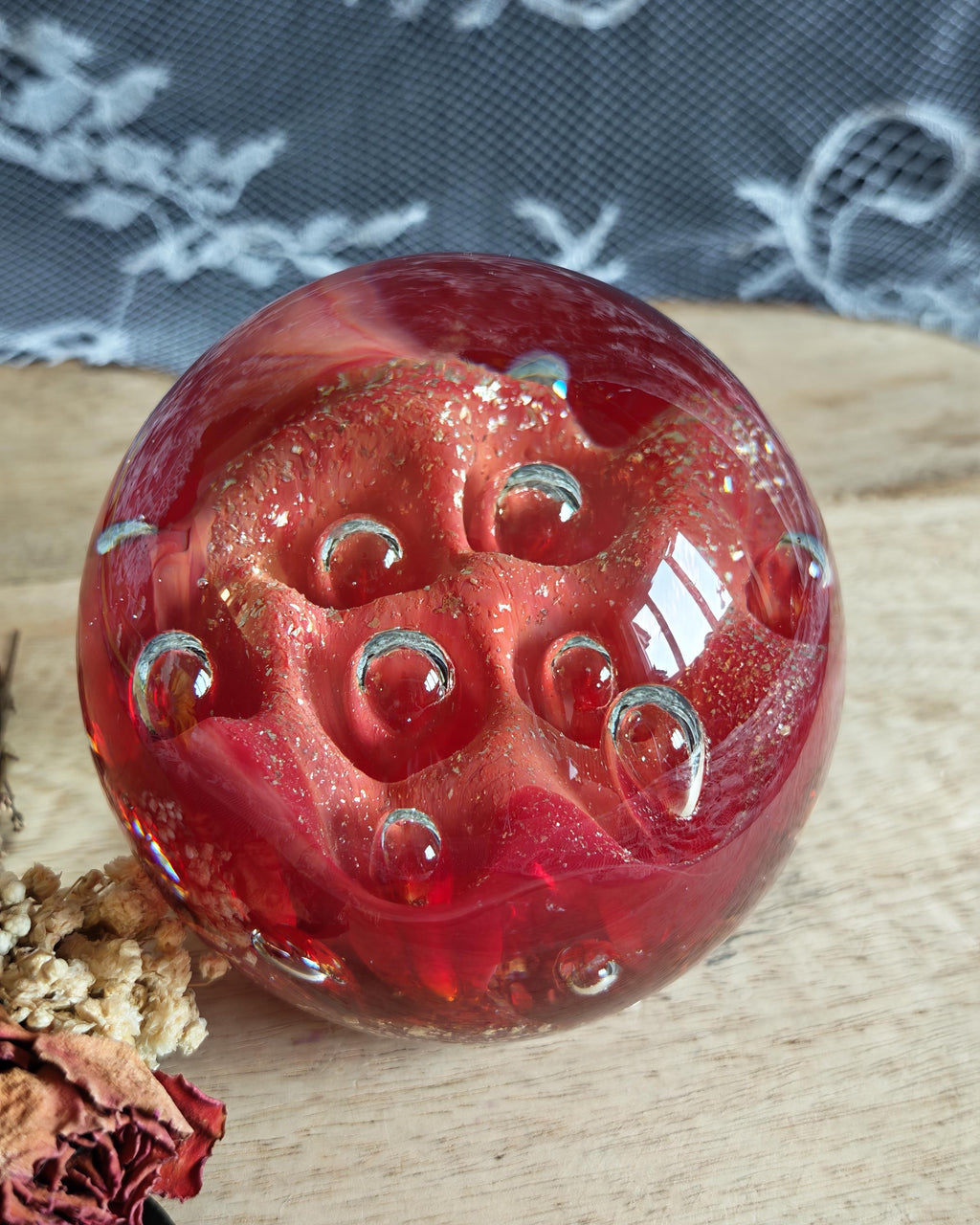 Vintage Ruby Red Art Glass Paperweight | Controlled Bubbles, Gold Flecks Sphere