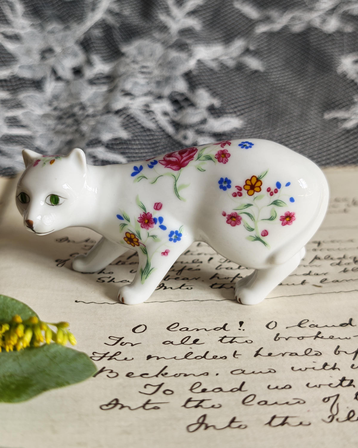 Vintage Franklin Mint Faience Cat 1988 | Curio Cabinet Cats Floral Figurine