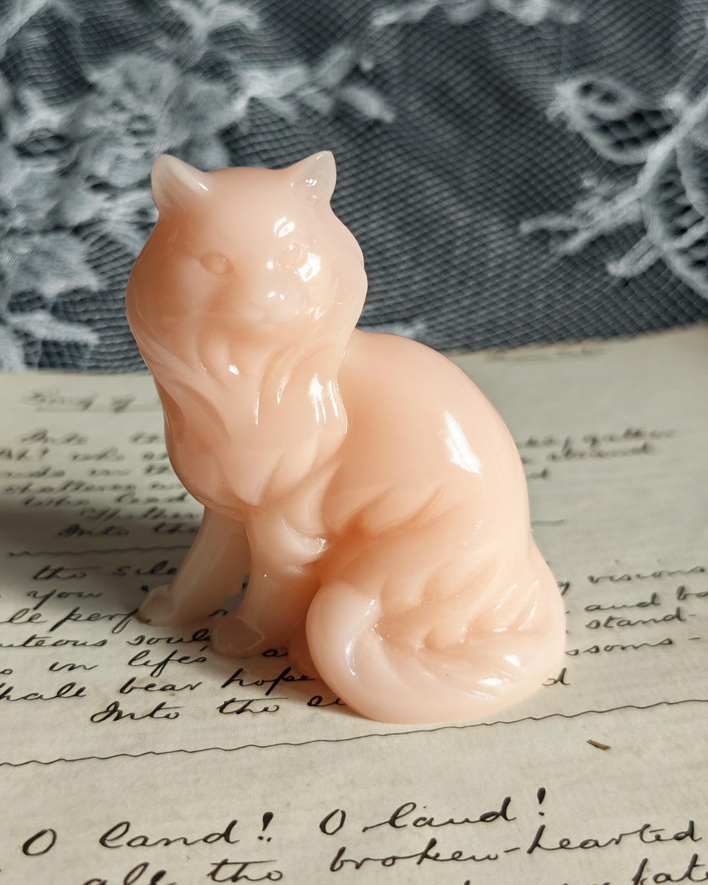 Rare Franklin Mint Pink Alabaster Cat | Curio Cabinet Cats Figurine c1990