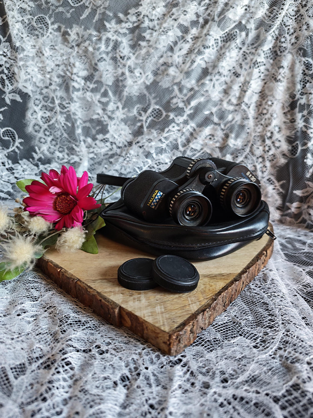 Vintage Halina Sightseer 8x30 Binoculars with Case & Lens Caps | Retro Bird Watching Field Glasses