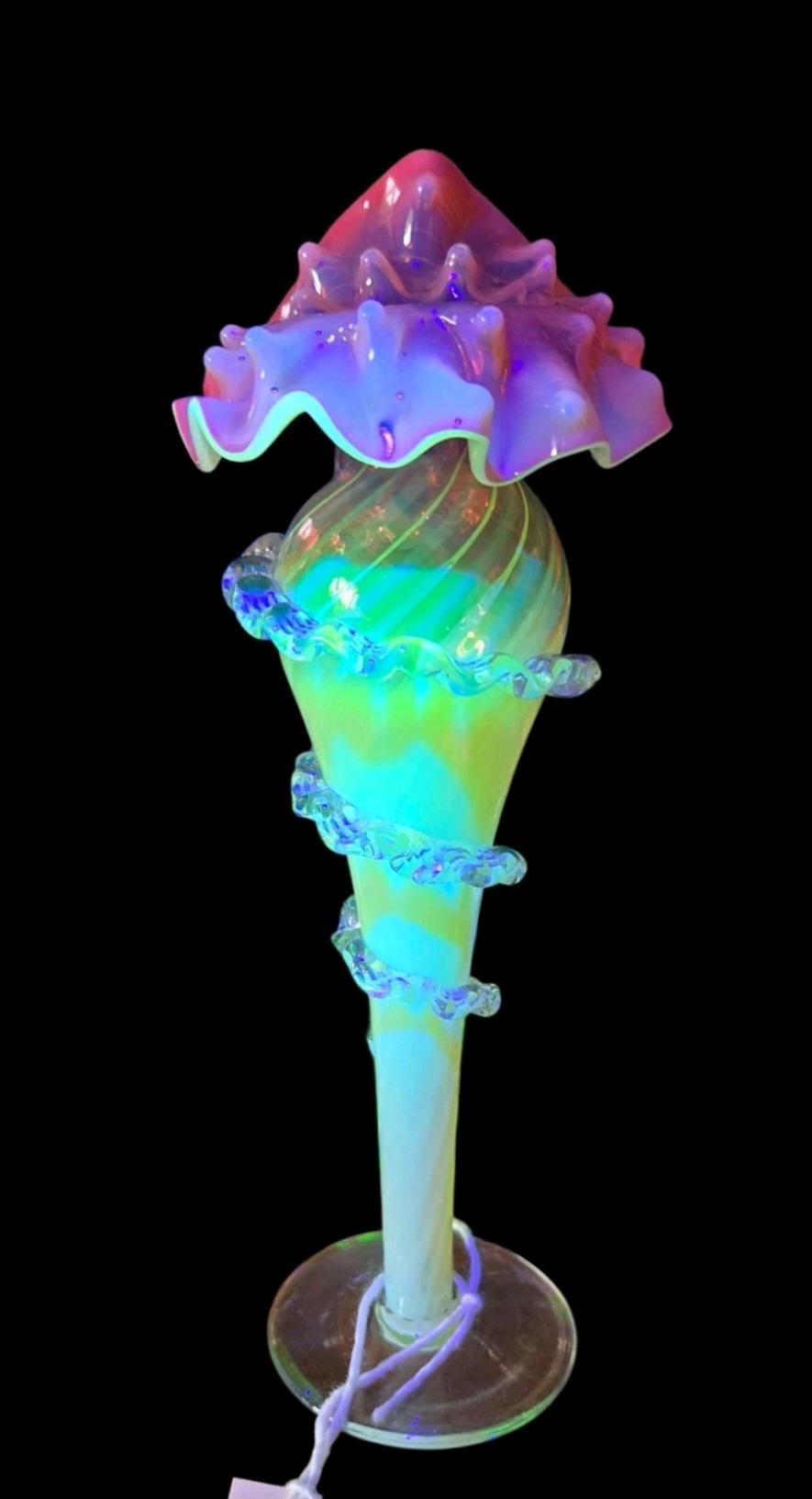 Antique Pair of Uranium Glass Jack in the Pulpit Vases | Victorian Cranberry Opalescent Art Glass