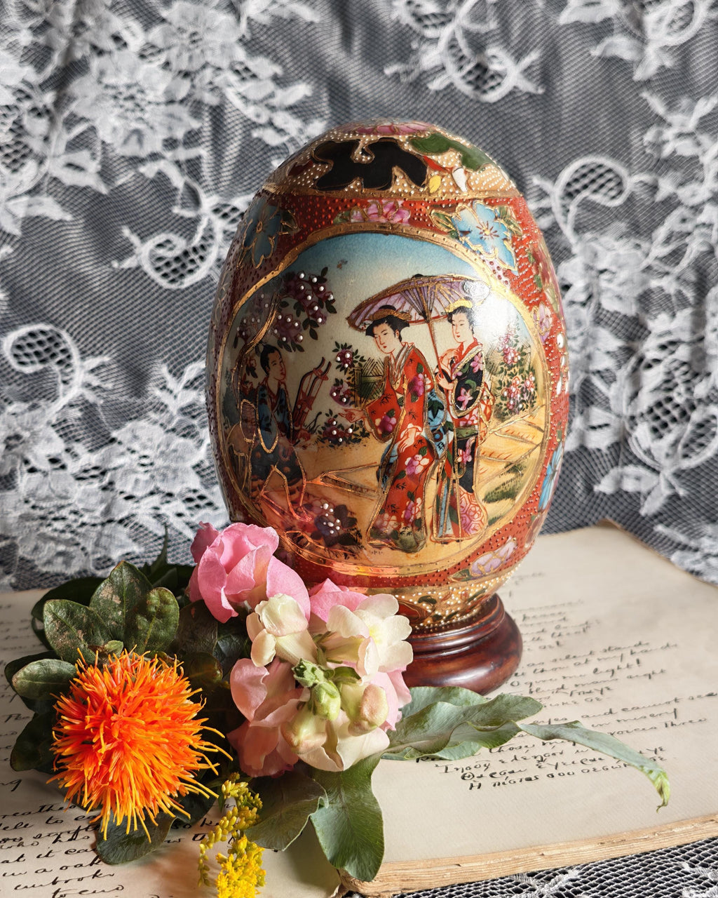 Vintage 1970's Japanese Satsuma Hand Painted Egg On Wooden Stand