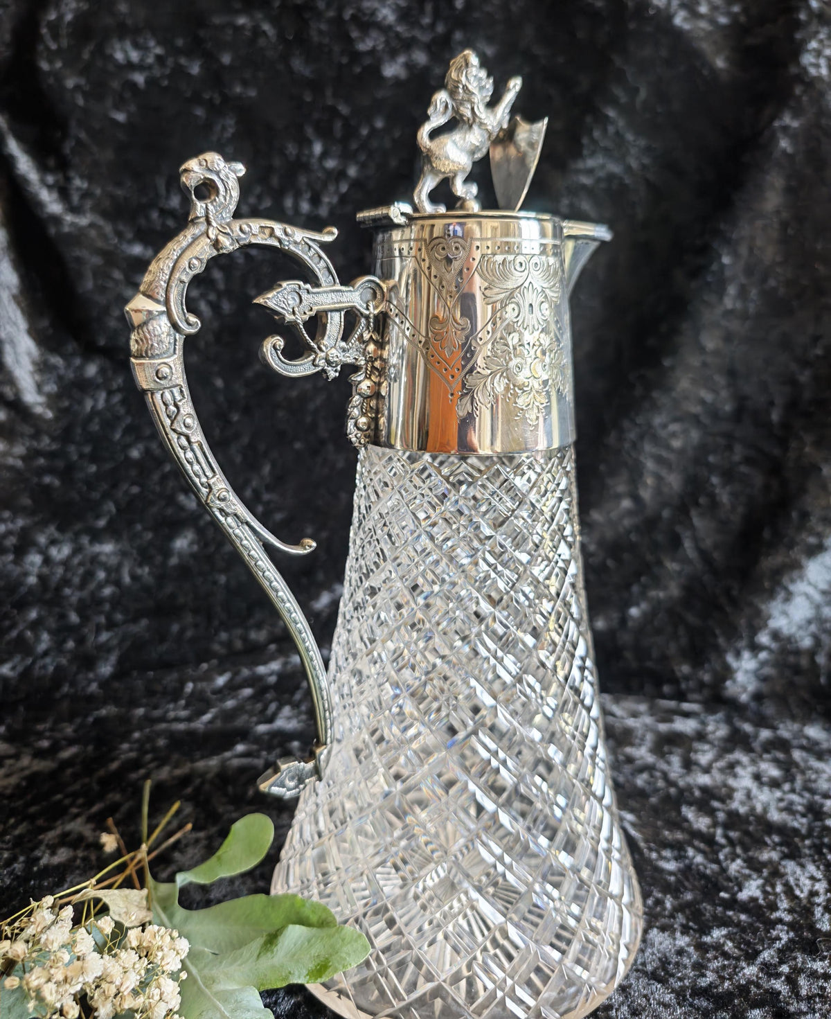 Antique Victorian Silver Plated Cut Glass Claret Jug Lion Finial c.1870