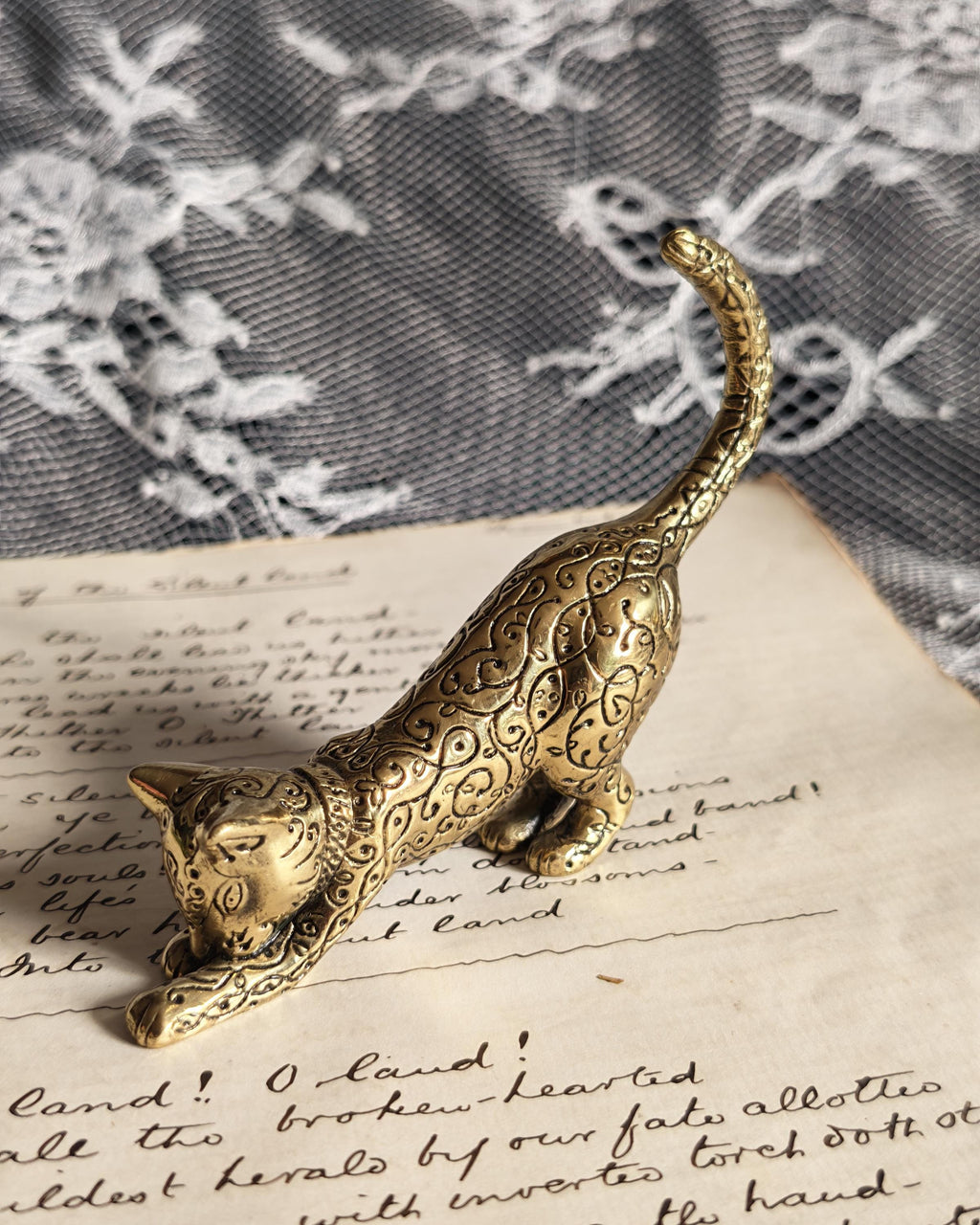 Vintage Franklin Mint Asian Brass Cat 1986 | Curio Cabinet Cats Figurine