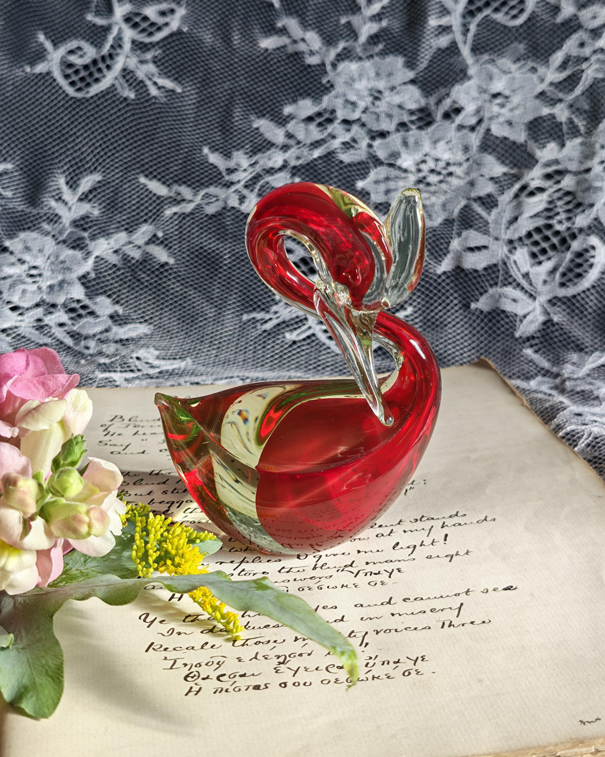 Vintage Murano Uranium Glass Swan | Red Green Sommerso Art Glass Bird | c1950s 1960s