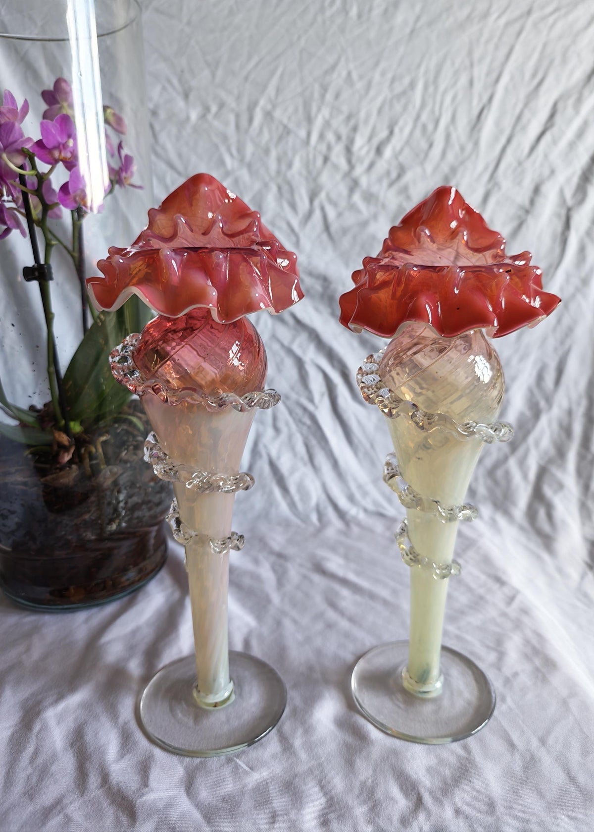 Antique Pair of Uranium Glass Jack in the Pulpit Vases | Victorian Cranberry Opalescent Art Glass
