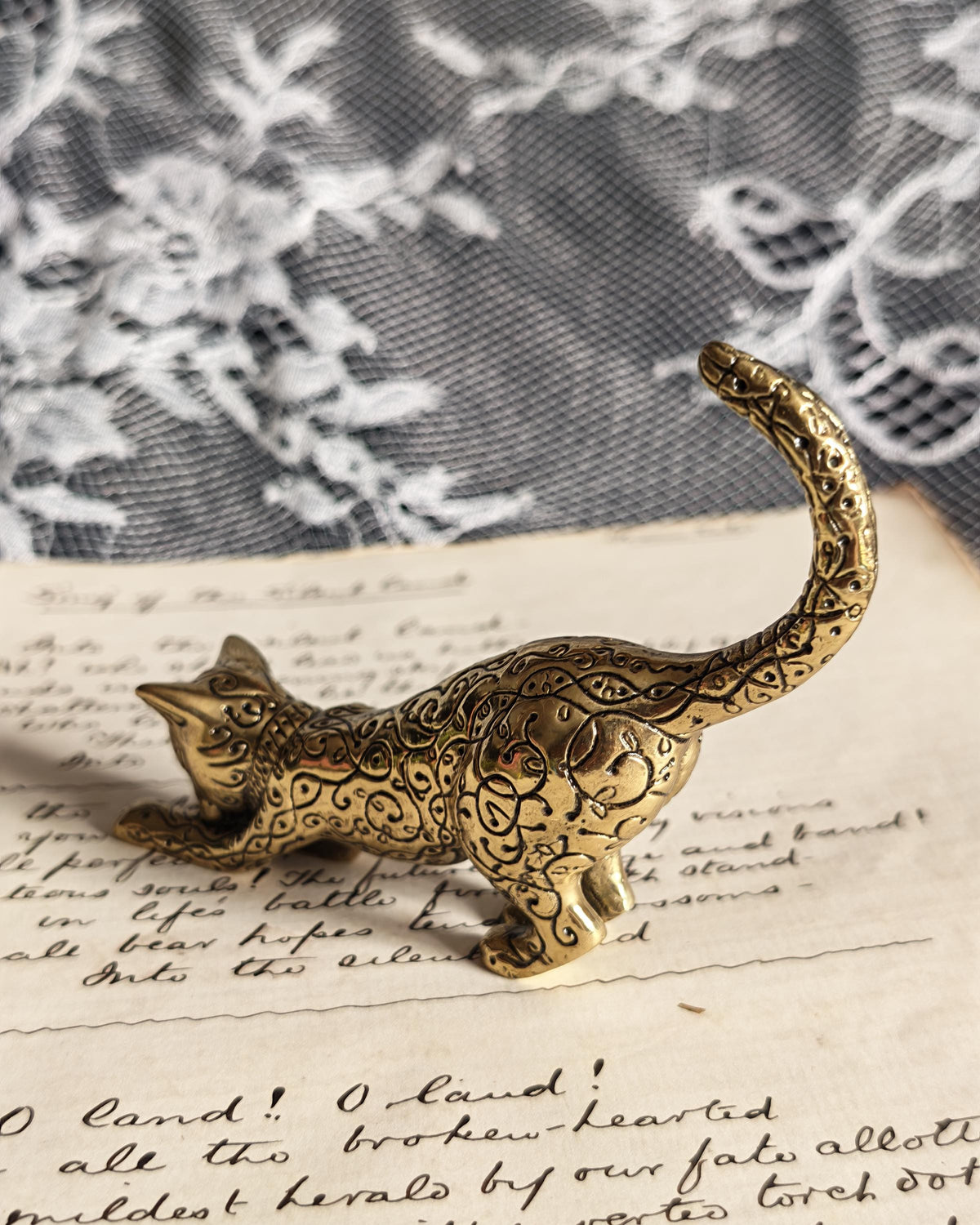 Vintage Franklin Mint Asian Brass Cat 1986 | Curio Cabinet Cats Figurine