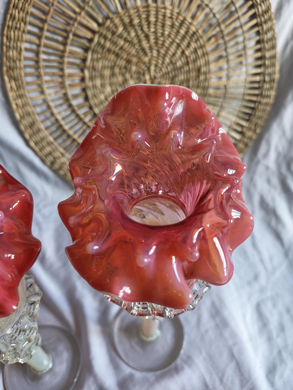 Antique Pair of Uranium Glass Jack in the Pulpit Vases | Victorian Cranberry Opalescent Art Glass
