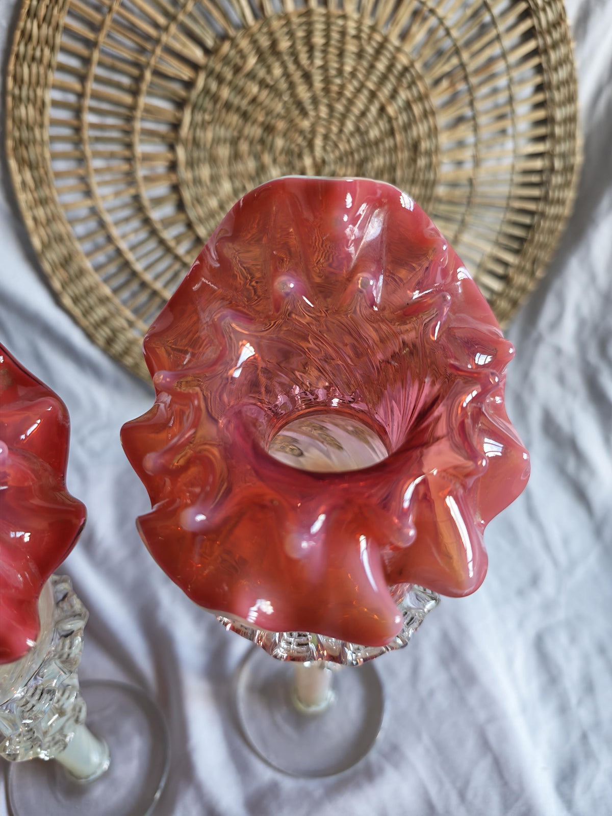 Antique Pair of Uranium Glass Jack in the Pulpit Vases | Victorian Cranberry Opalescent Art Glass