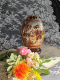 Vintage 1970's Japanese Satsuma Hand Painted Egg On Wooden Stand