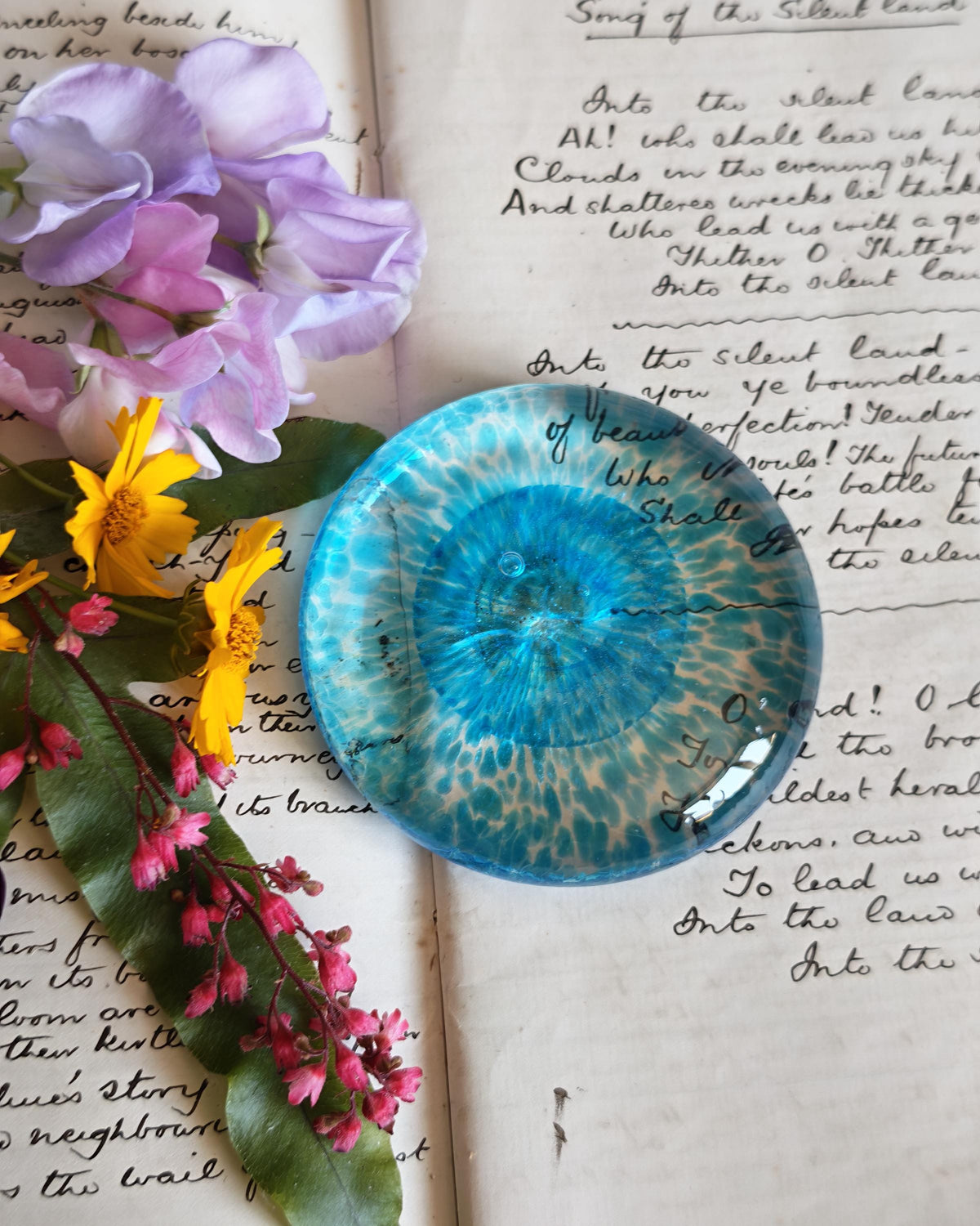 Vintage Murano Italy Blue Art Glass Paperweight – Original Foil Label – Ocean Blue Mottled Glass