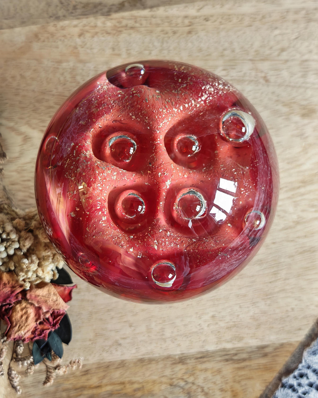 Vintage Ruby Red Art Glass Paperweight | Controlled Bubbles, Gold Flecks Sphere