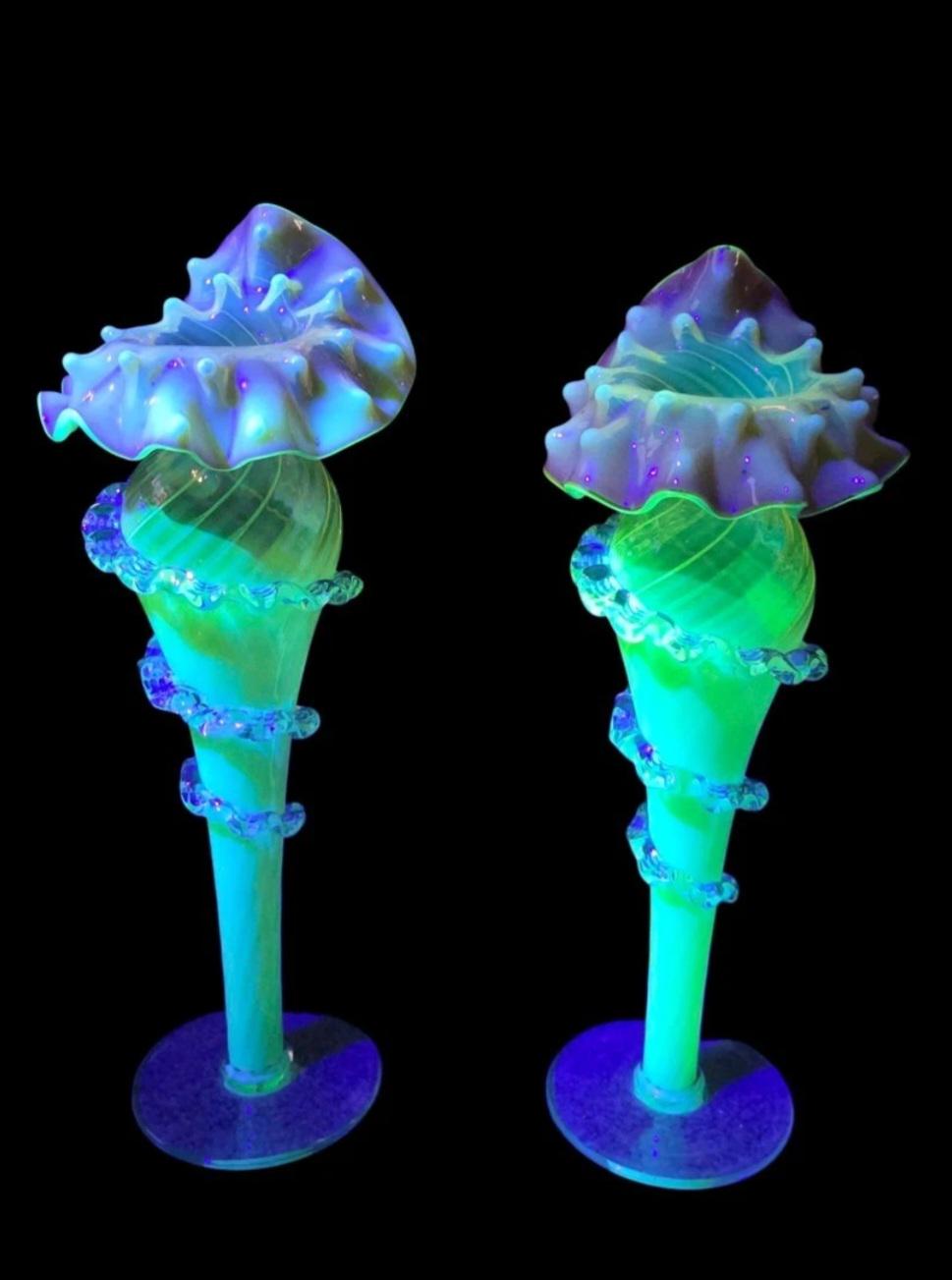 Antique Pair of Uranium Glass Jack in the Pulpit Vases | Victorian Cranberry Opalescent Art Glass