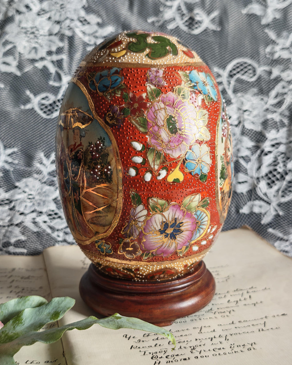 Vintage 1970's Japanese Satsuma Hand Painted Egg On Wooden Stand