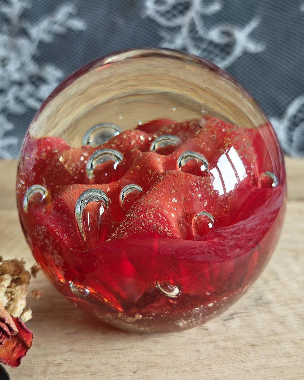 Vintage Ruby Red Art Glass Paperweight | Controlled Bubbles, Gold Flecks Sphere