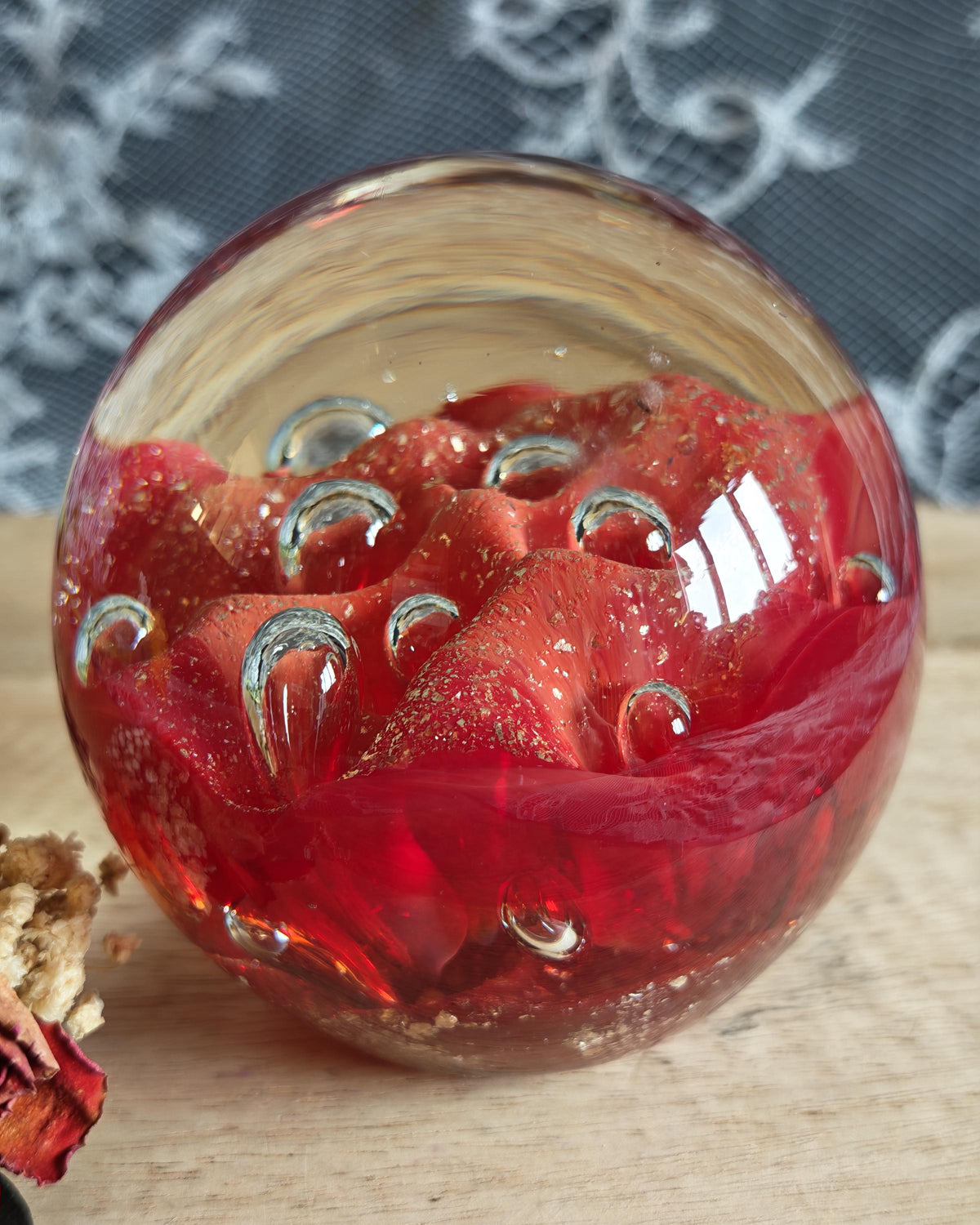 Vintage Ruby Red Art Glass Paperweight | Controlled Bubbles, Gold Flecks Sphere