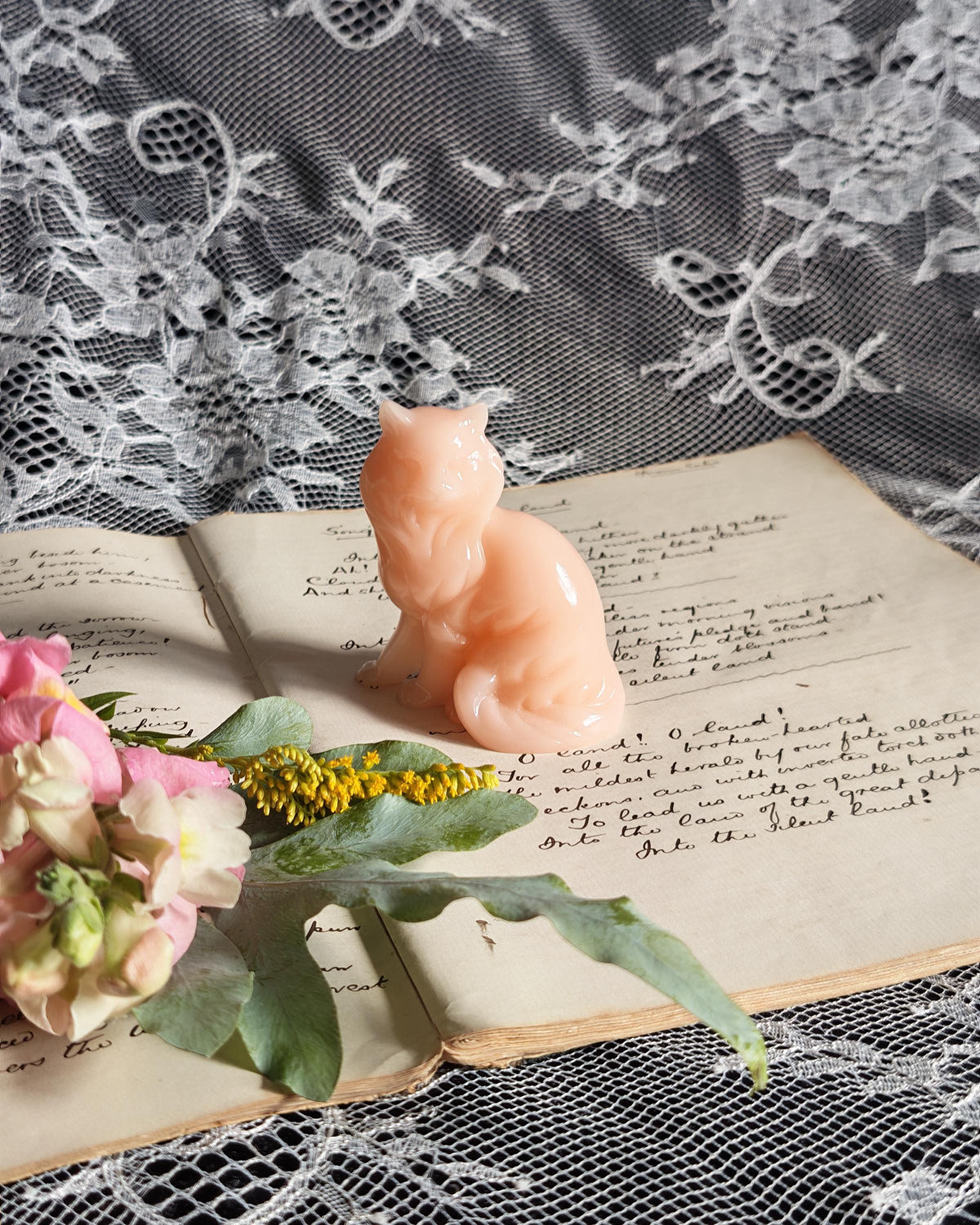 Rare Franklin Mint Pink Alabaster Cat | Curio Cabinet Cats Figurine c1990