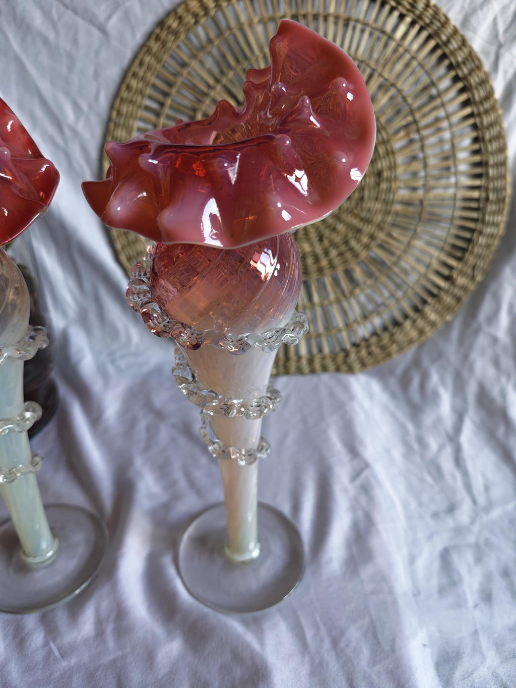 Antique Pair of Uranium Glass Jack in the Pulpit Vases | Victorian Cranberry Opalescent Art Glass