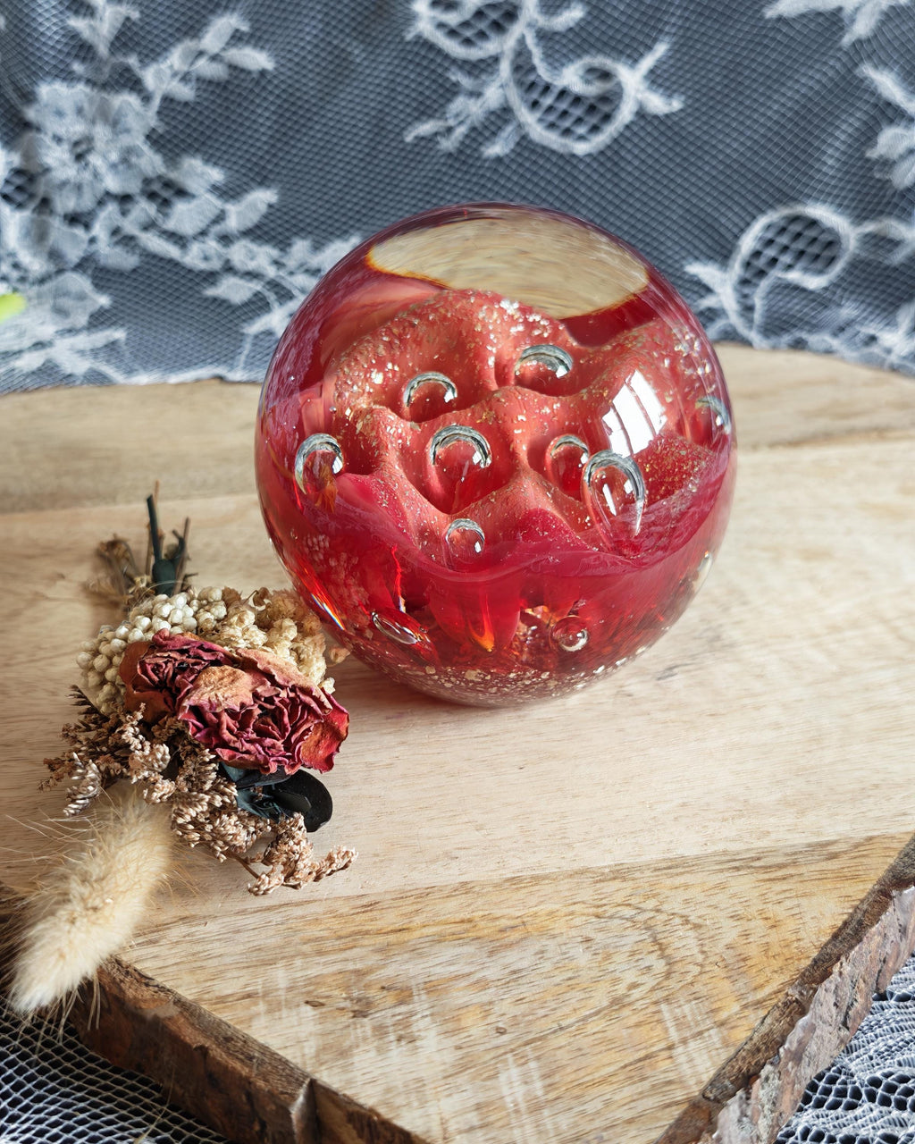 Vintage Ruby Red Art Glass Paperweight | Controlled Bubbles, Gold Flecks Sphere