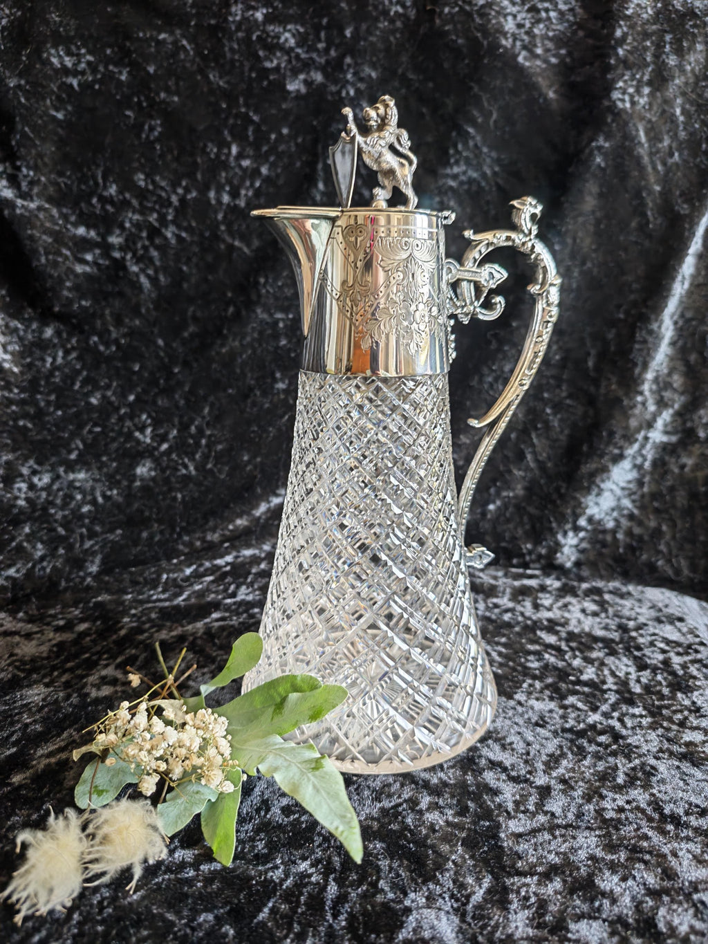 Antique Victorian Silver Plated Cut Glass Claret Jug Lion Finial c.1870