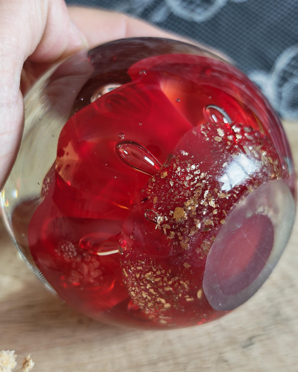 Vintage Ruby Red Art Glass Paperweight | Controlled Bubbles, Gold Flecks Sphere