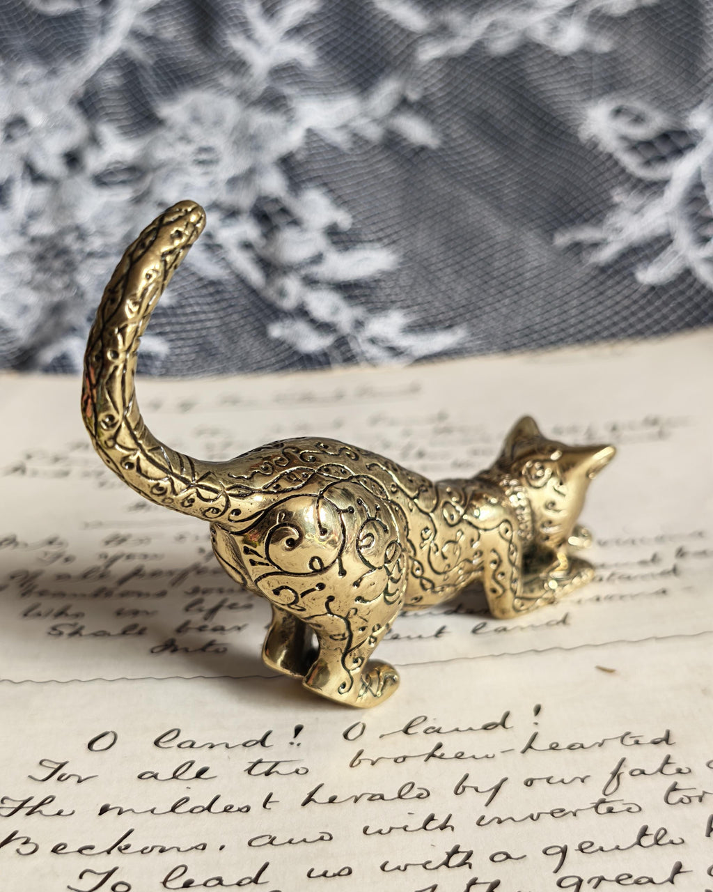 Vintage Franklin Mint Asian Brass Cat 1986 | Curio Cabinet Cats Figurine