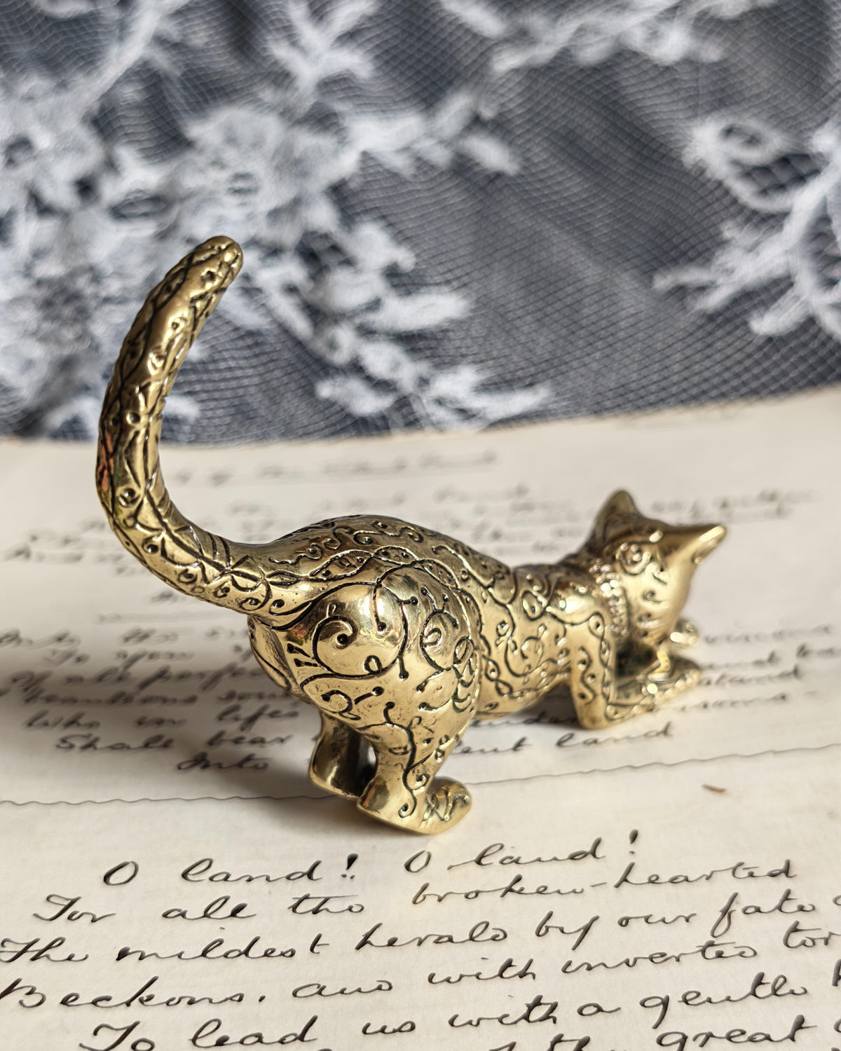 Vintage Franklin Mint Asian Brass Cat 1986 | Curio Cabinet Cats Figurine