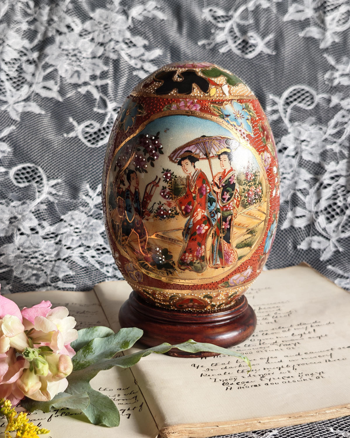 Vintage 1970's Japanese Satsuma Hand Painted Egg On Wooden Stand