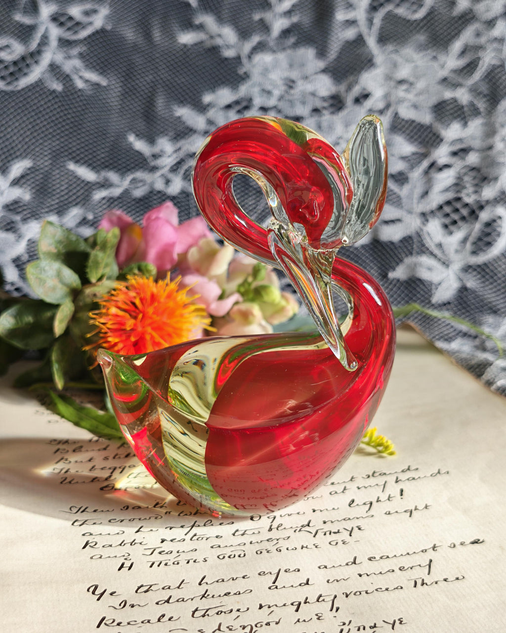 Vintage Murano Uranium Glass Swan | Red Green Sommerso Art Glass Bird | c1950s 1960s