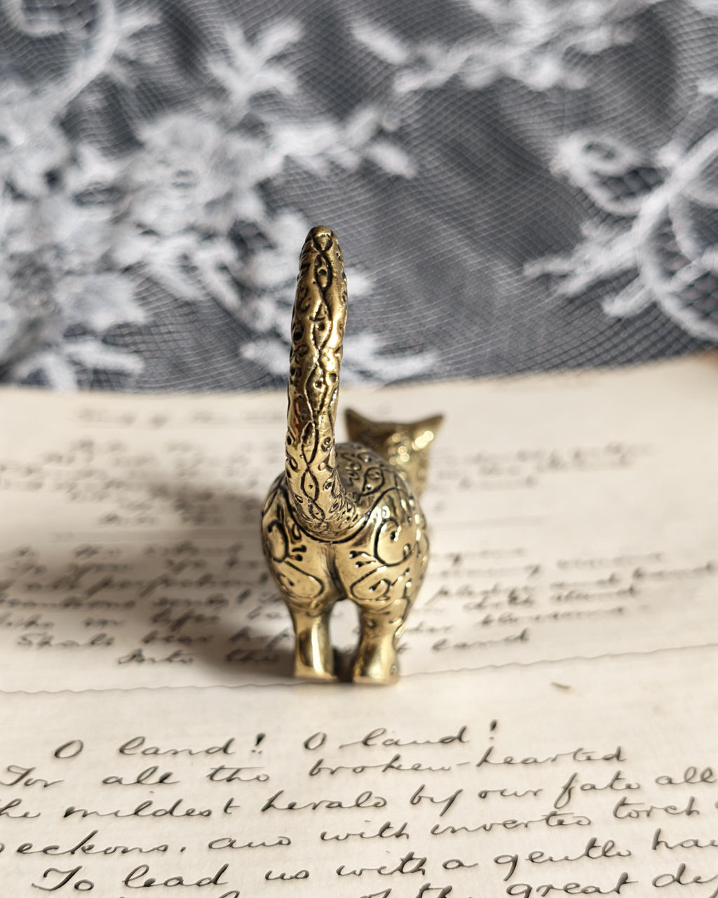 Vintage Franklin Mint Asian Brass Cat 1986 | Curio Cabinet Cats Figurine
