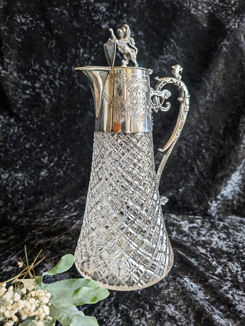 Antique Victorian Silver Plated Cut Glass Claret Jug Lion Finial c.1870