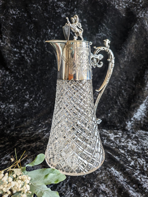 Antique Victorian Silver Plated Cut Glass Claret Jug Lion Finial c.1870
