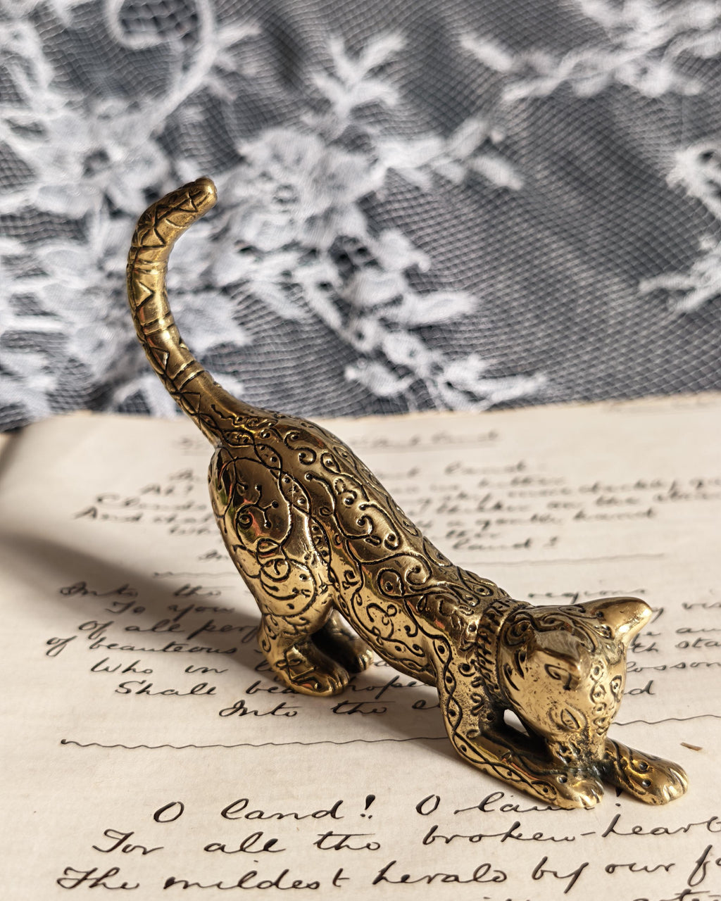 Vintage Franklin Mint Asian Brass Cat 1986 | Curio Cabinet Cats Figurine