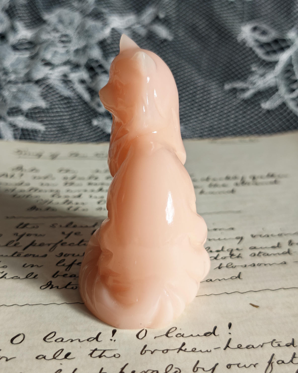 Rare Franklin Mint Pink Alabaster Cat | Curio Cabinet Cats Figurine c1990