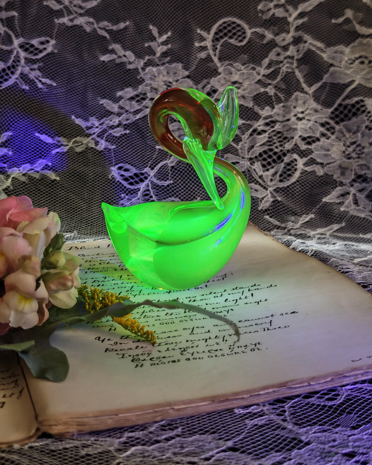 Vintage Murano Uranium Glass Swan | Red Green Sommerso Art Glass Bird | c1950s 1960s