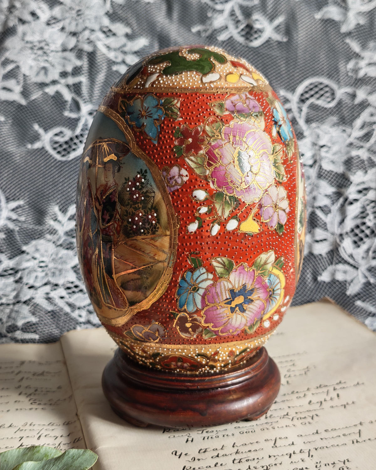 Vintage 1970's Japanese Satsuma Hand Painted Egg On Wooden Stand