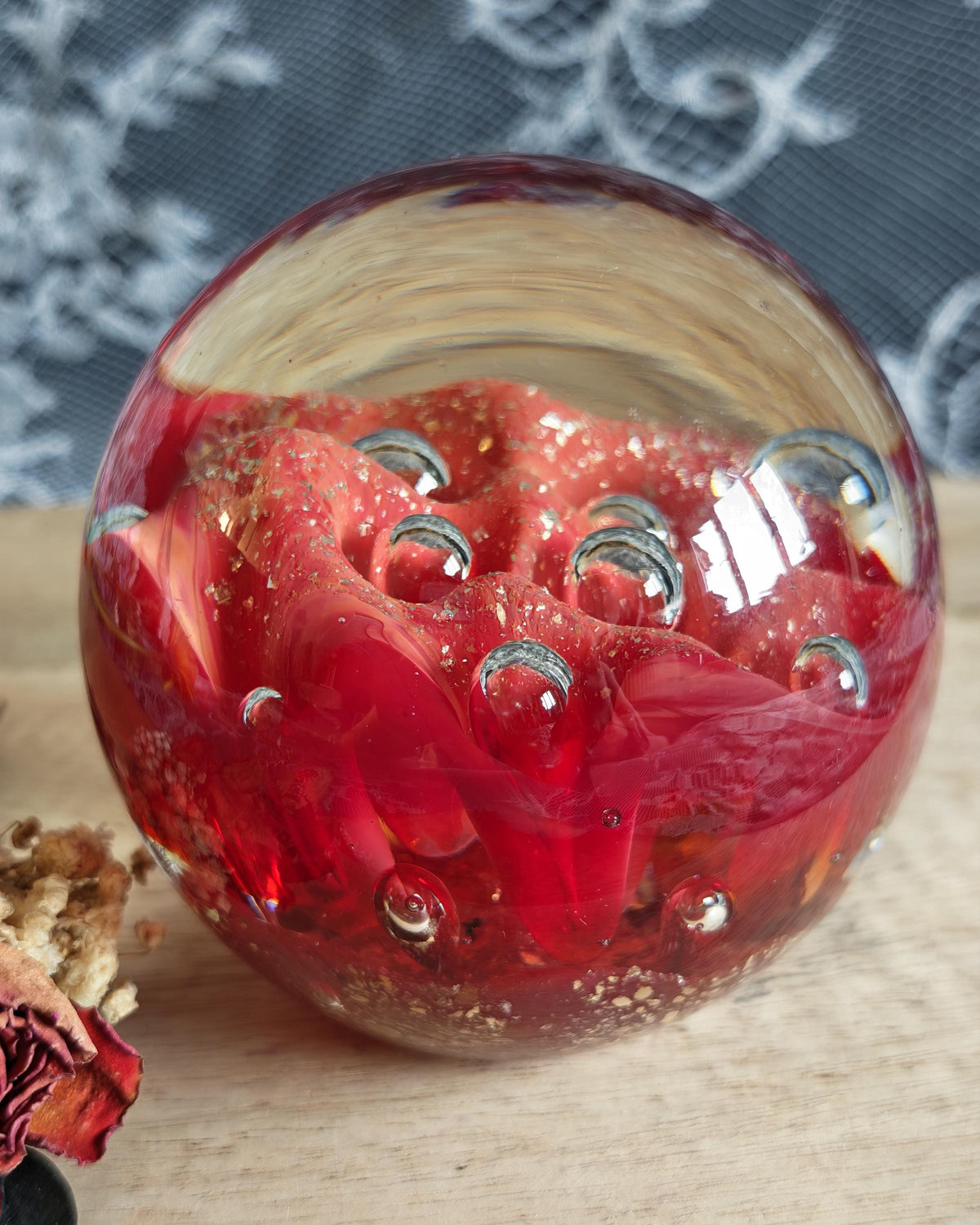 Vintage Ruby Red Art Glass Paperweight | Controlled Bubbles, Gold Flecks Sphere