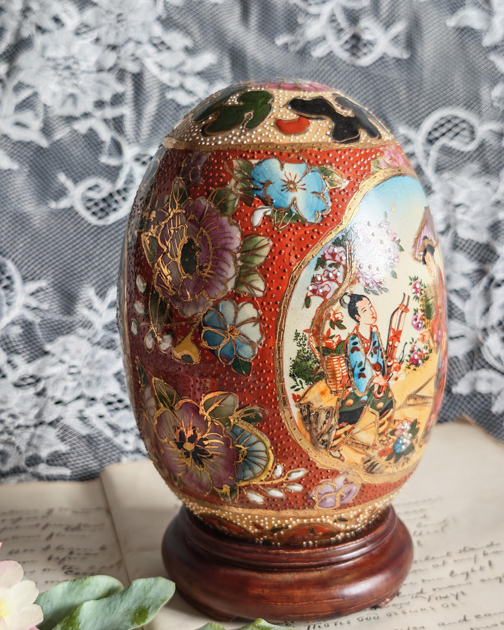 Vintage 1970's Japanese Satsuma Hand Painted Egg On Wooden Stand