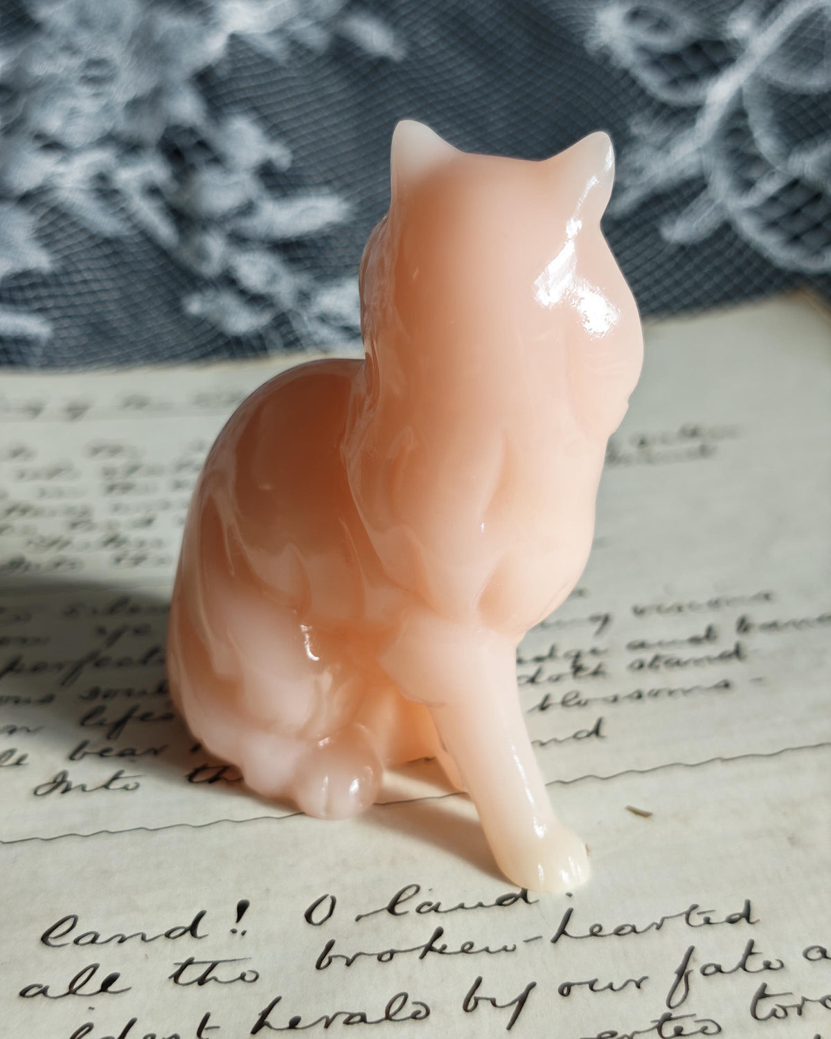 Rare Franklin Mint Pink Alabaster Cat | Curio Cabinet Cats Figurine c1990