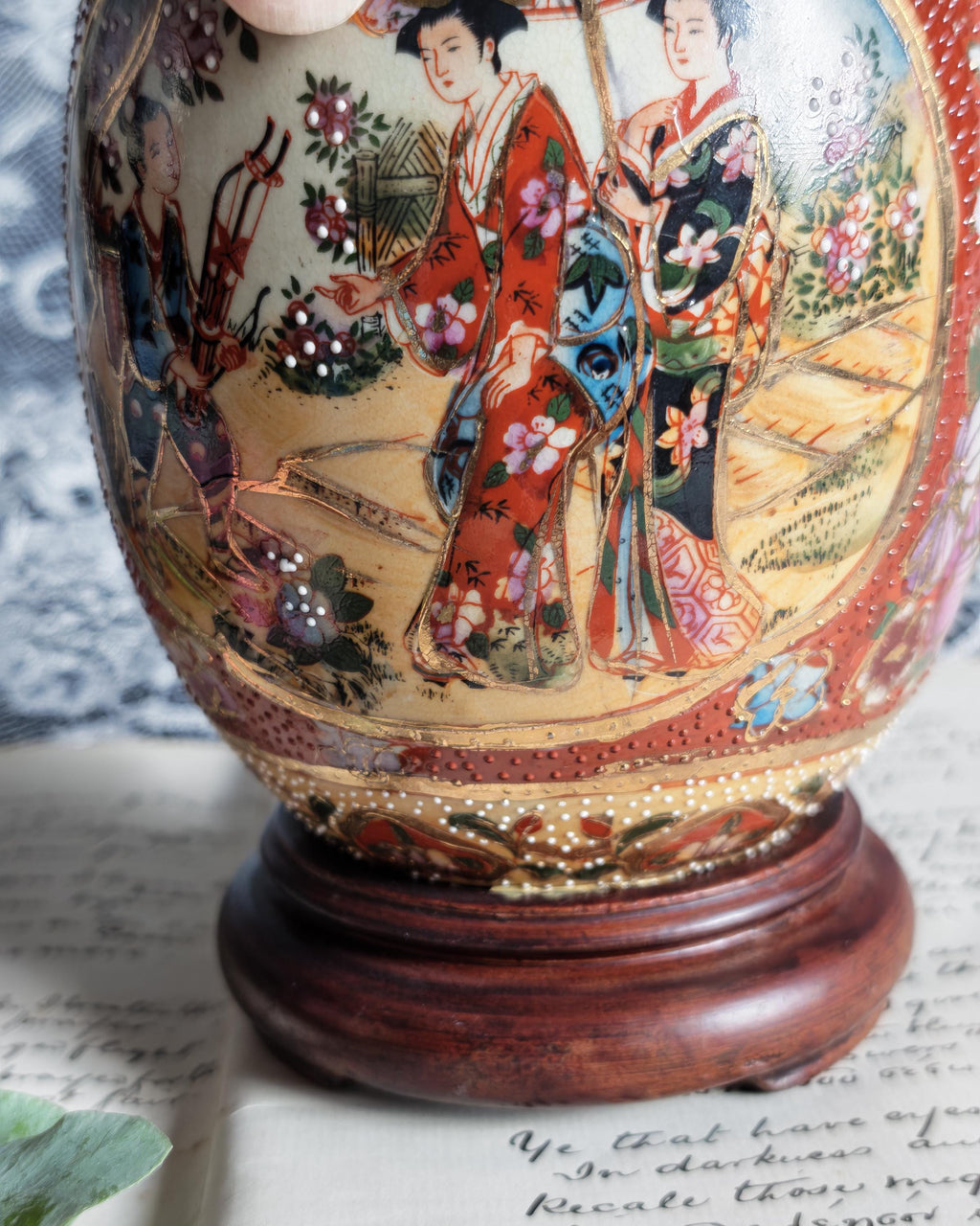 Vintage 1970's Japanese Satsuma Hand Painted Egg On Wooden Stand