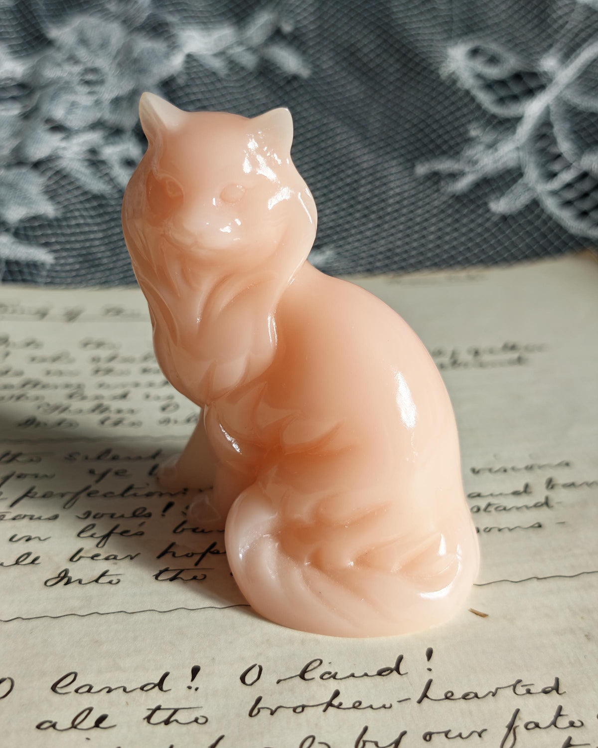 Rare Franklin Mint Pink Alabaster Cat | Curio Cabinet Cats Figurine c1990