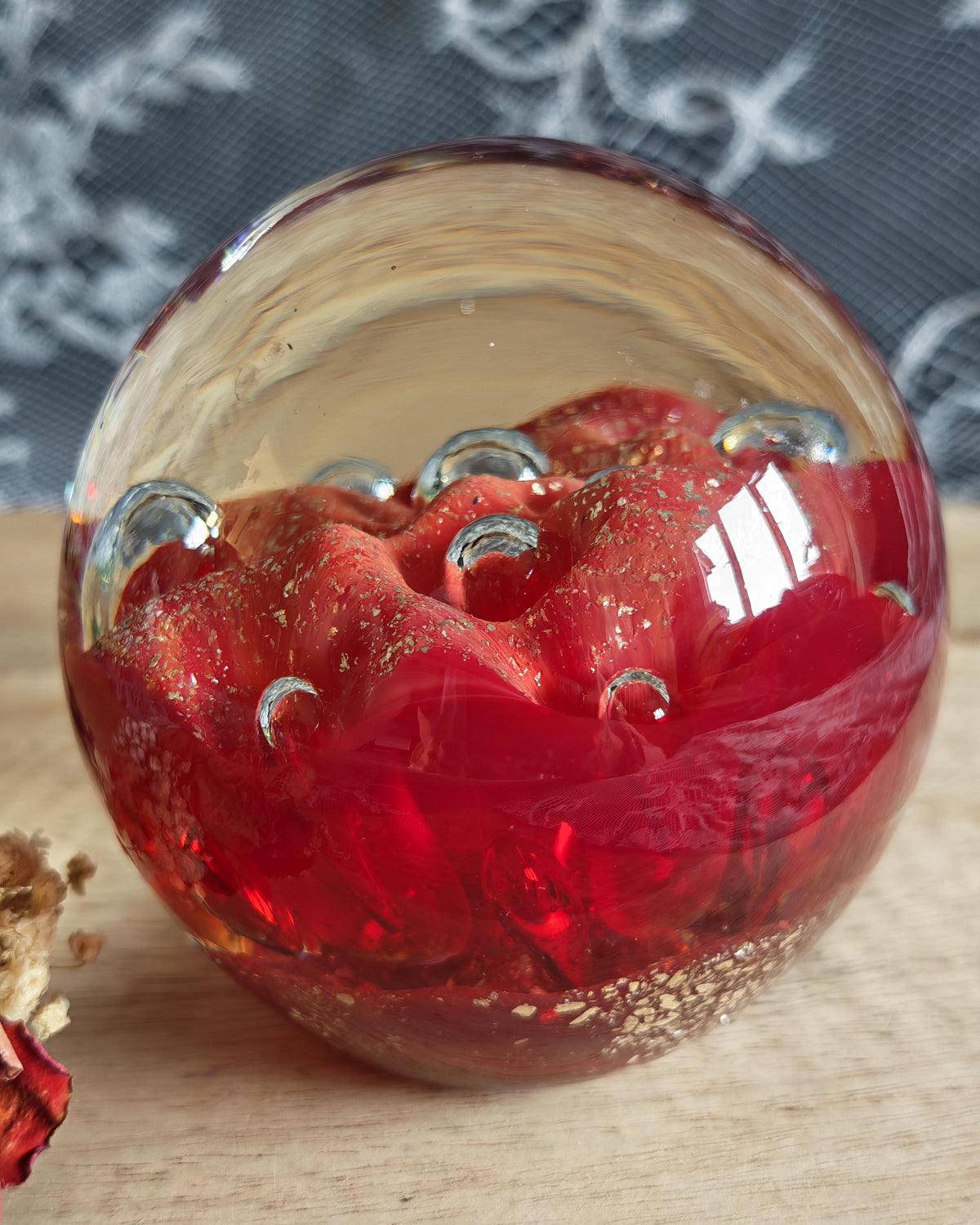 Vintage Ruby Red Art Glass Paperweight | Controlled Bubbles, Gold Flecks Sphere