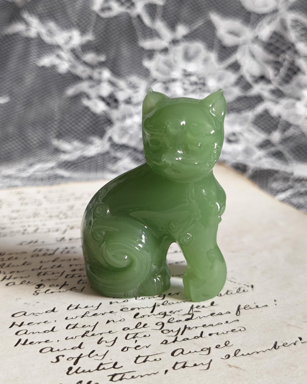 Vintage Franklin Mint Ch’ing Dynasty Cat | Curio Cabinet Cats Green Glass