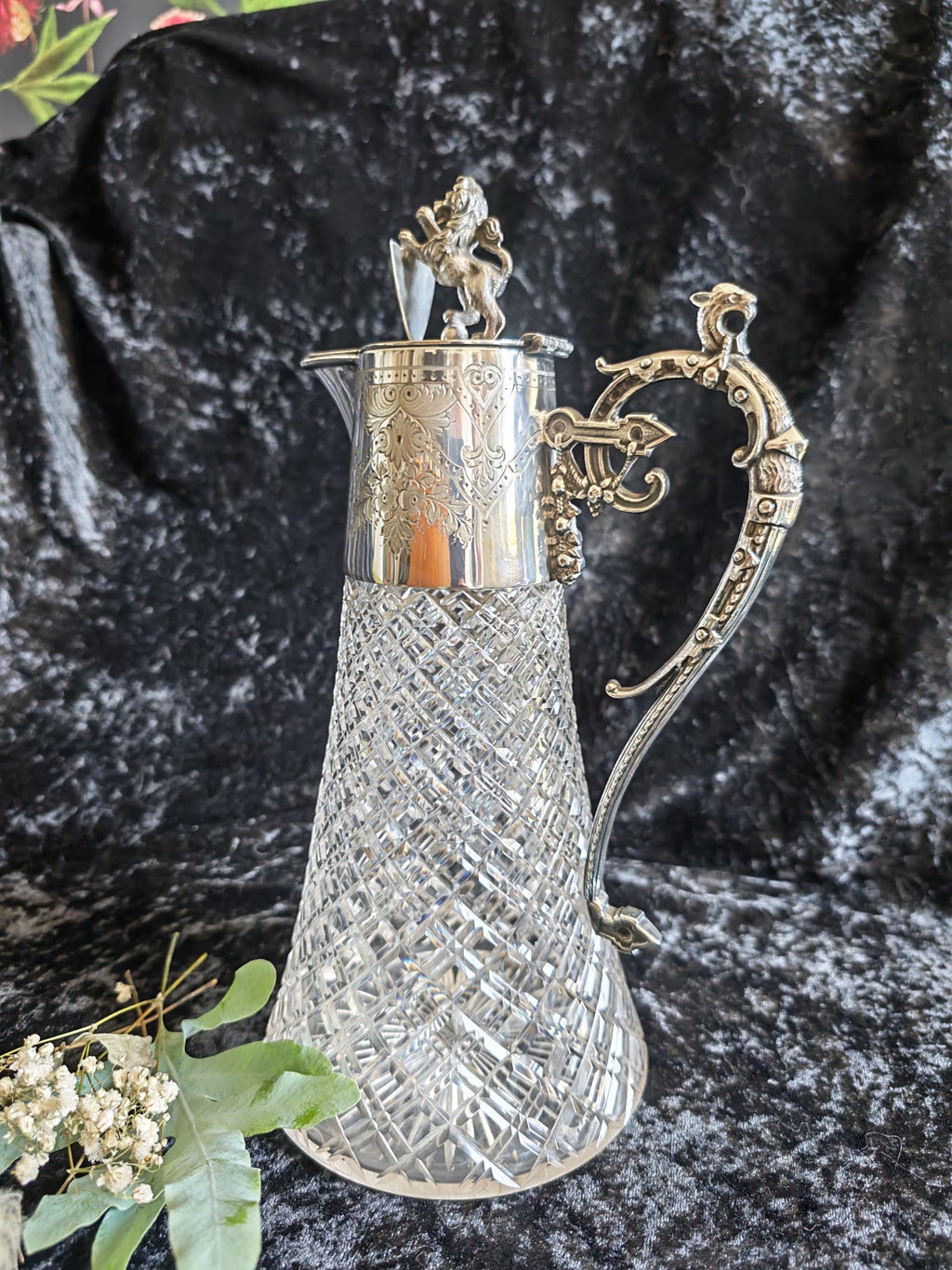 Antique Victorian Silver Plated Cut Glass Claret Jug Lion Finial c.1870