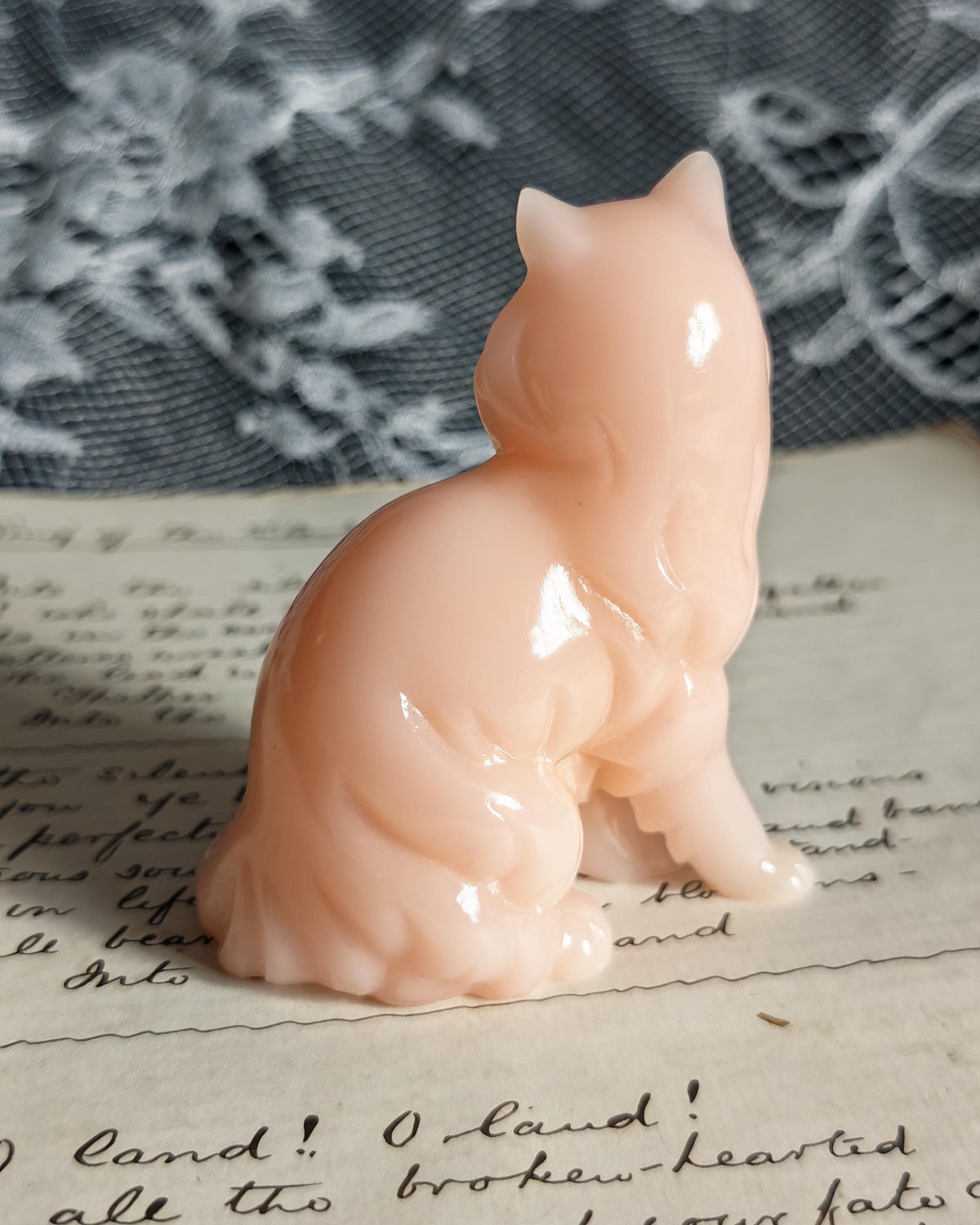Rare Franklin Mint Pink Alabaster Cat | Curio Cabinet Cats Figurine c1990