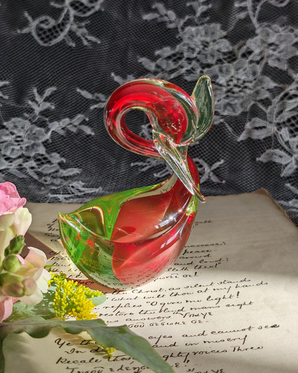Vintage Murano Uranium Glass Swan | Red Green Sommerso Art Glass Bird | c1950s 1960s