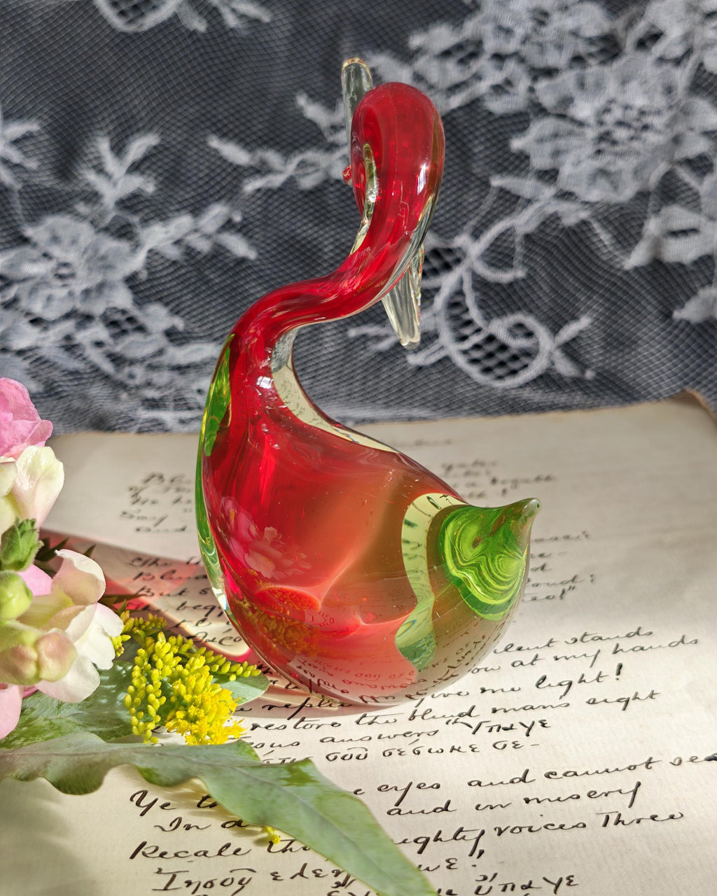 Vintage Murano Uranium Glass Swan | Red Green Sommerso Art Glass Bird | c1950s 1960s