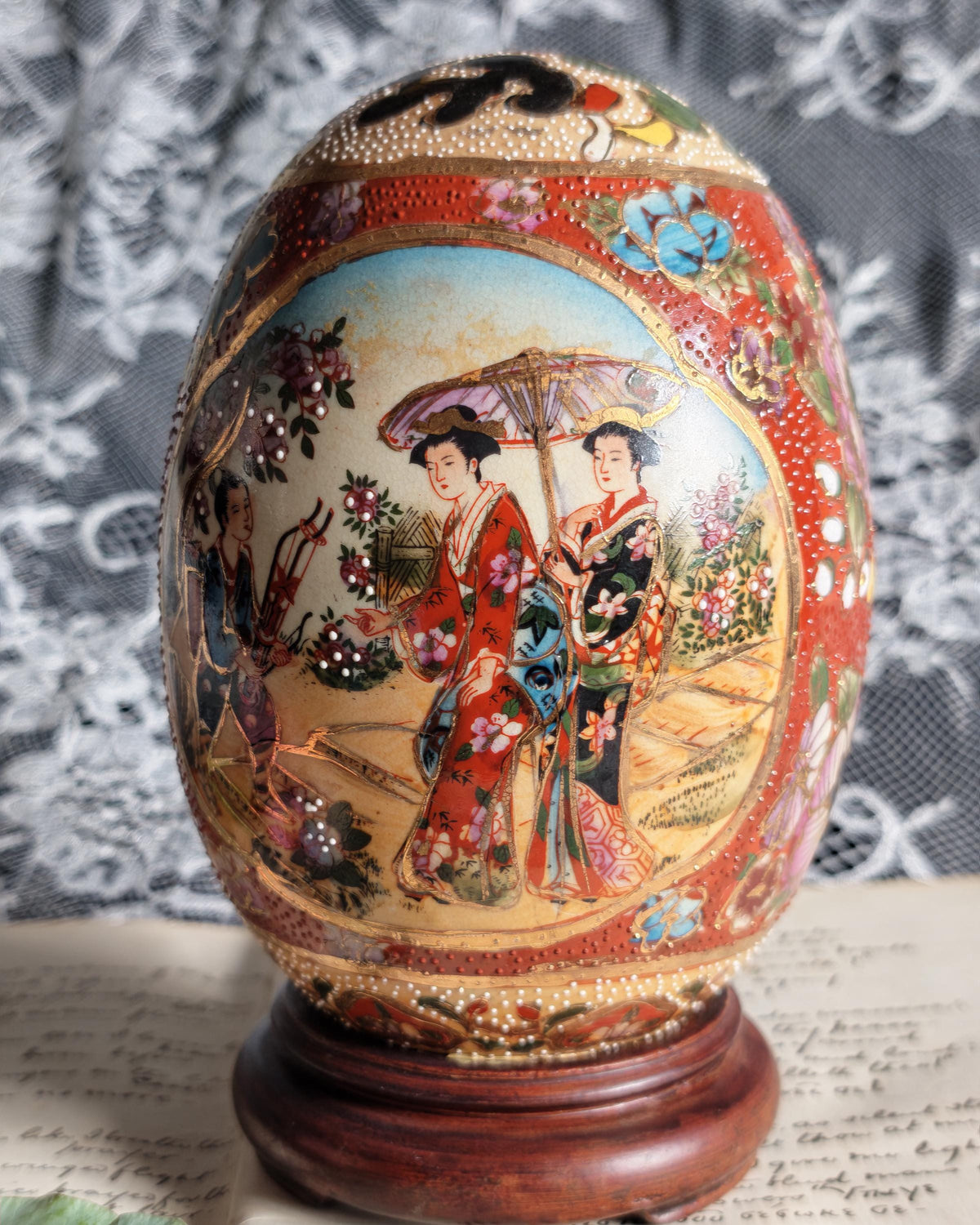 Vintage 1970's Japanese Satsuma Hand Painted Egg On Wooden Stand