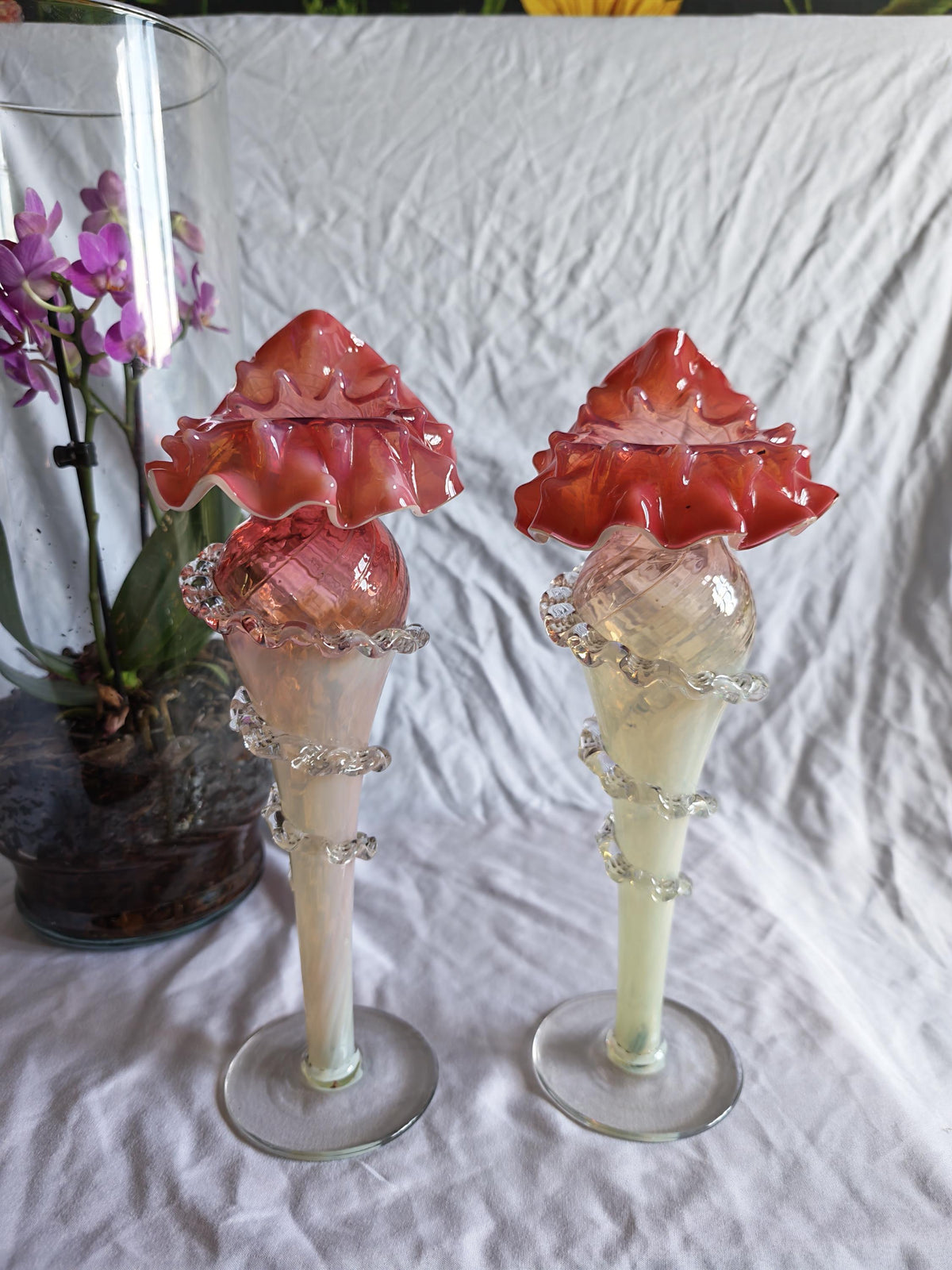 Antique Pair of Uranium Glass Jack in the Pulpit Vases | Victorian Cranberry Opalescent Art Glass