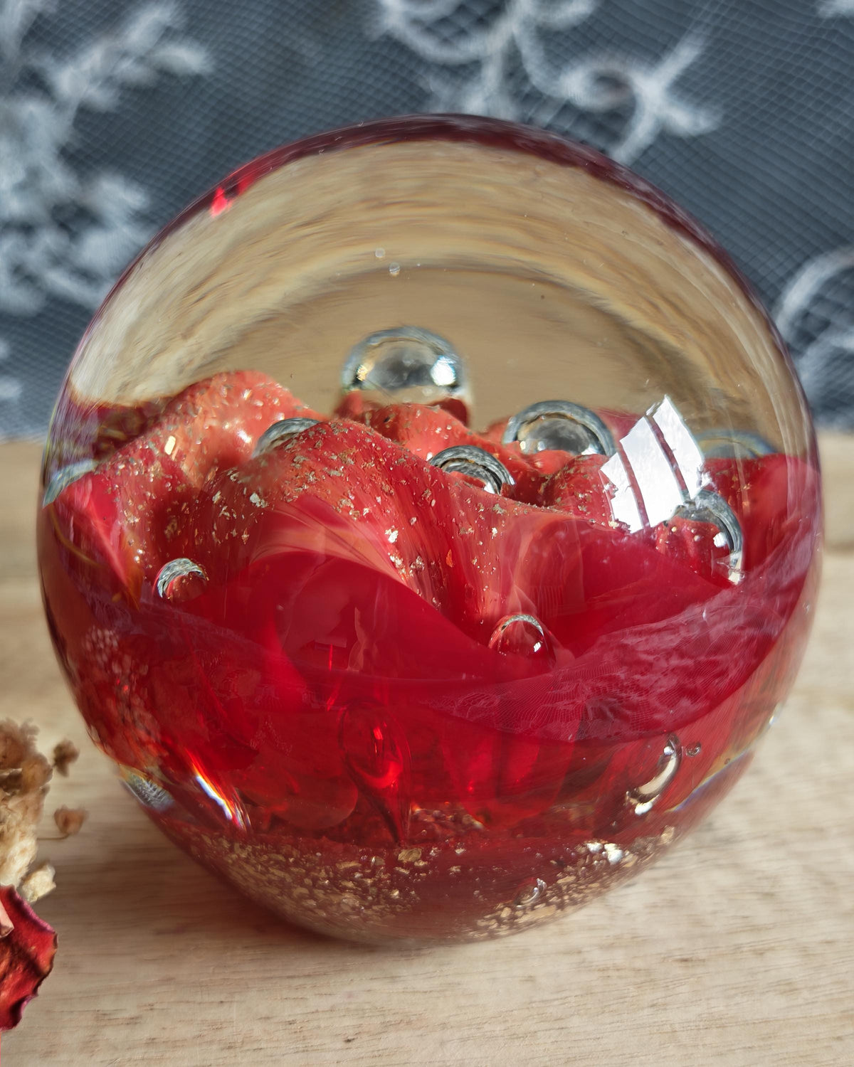 Vintage Ruby Red Art Glass Paperweight | Controlled Bubbles, Gold Flecks Sphere